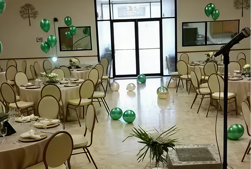 Banquet hall with green balloons and tables.