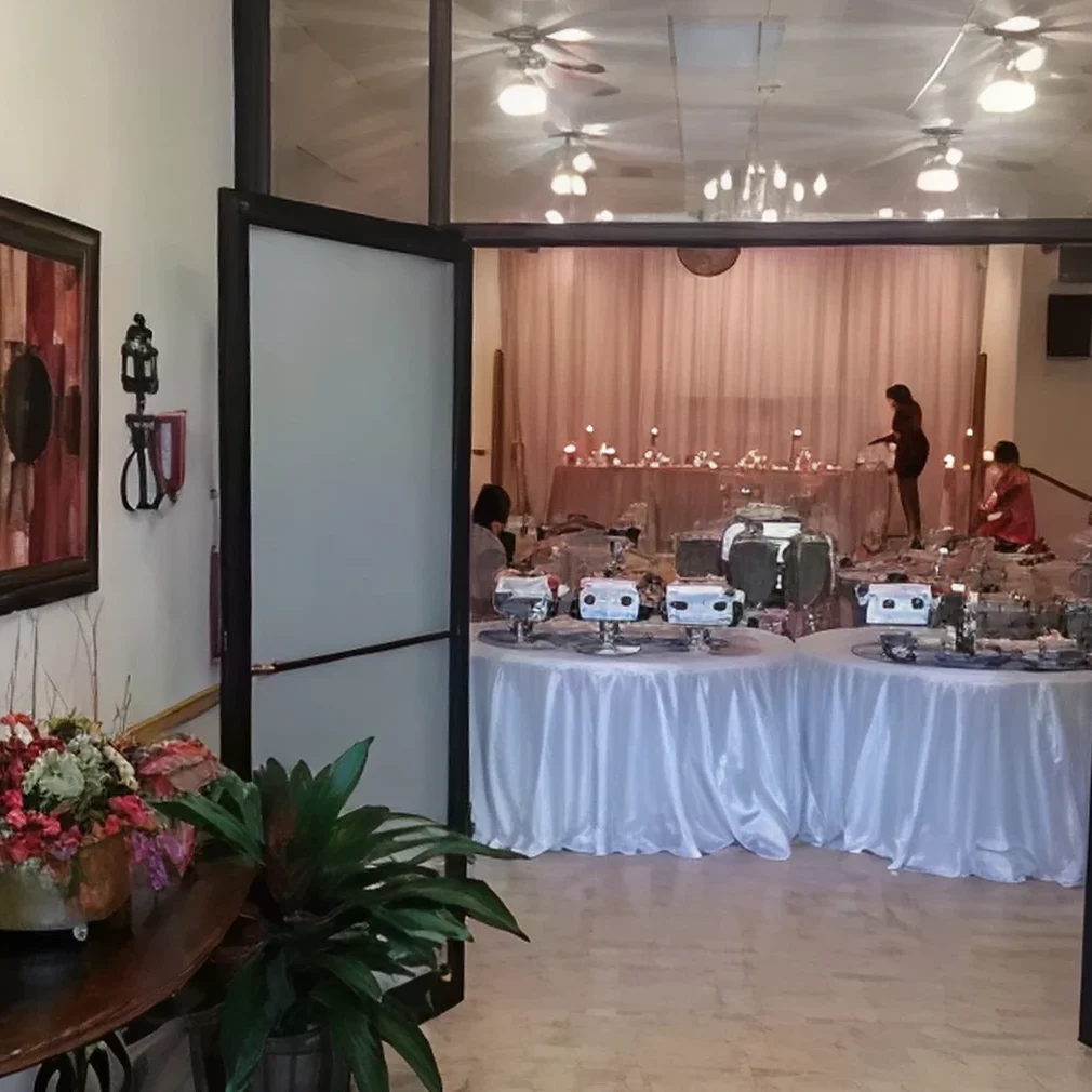 Elegant buffet setup in a decorated room.