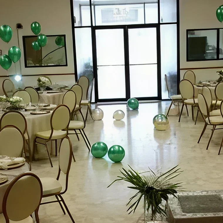 Banquet hall with green balloons and tables.