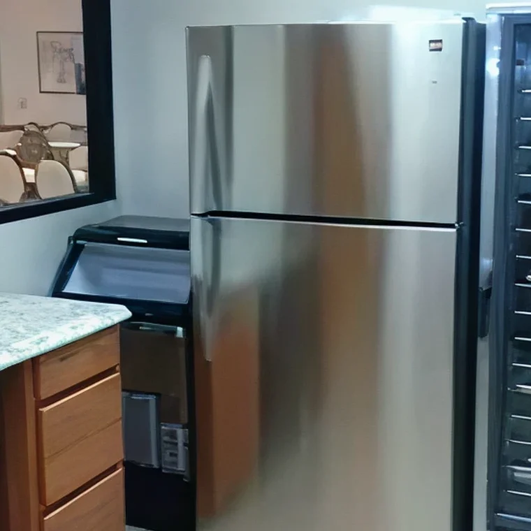 Kitchen with stainless steel fridge and oven.